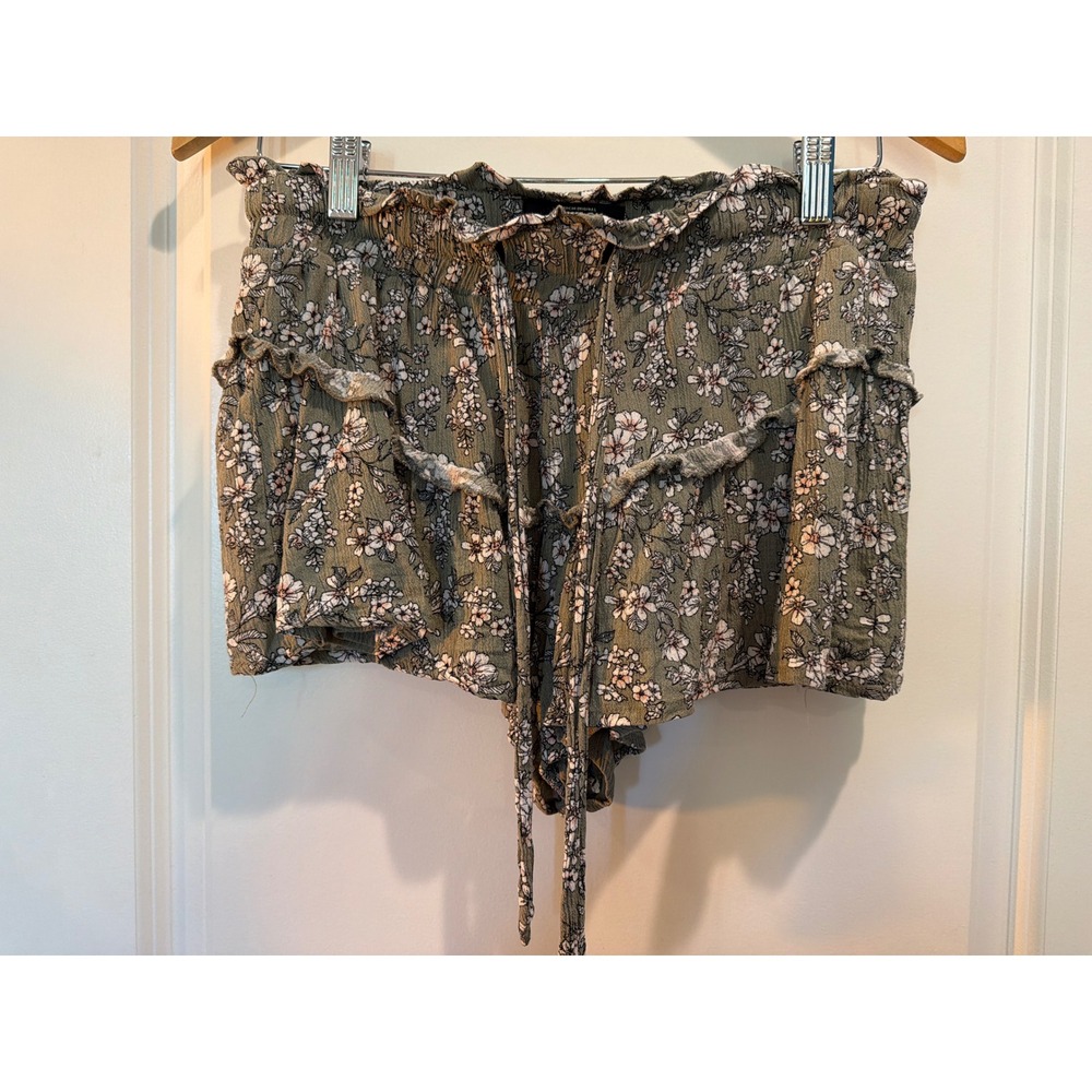 Rewash Brand Olive Green Floral Smocked Paperbag Waist Ruffle Shorts Rayon